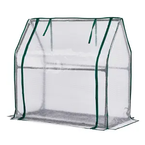 36*18*33in PE fabric greenhouse, white PE fabric, dark green iron pipes, pointed roof, with PE floor mat, and zippered roller door.