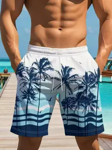Men's White Gradient Blue Coconut Tree Wave Seagull Print Beach Swim Shorts, Drawstring Elastic Waist Loose Fit, Quick Dry Lined Light Fabric, Side Pocket Design, Summer Bottoms For Seaside Pool Vacation Casual Daily Outfits