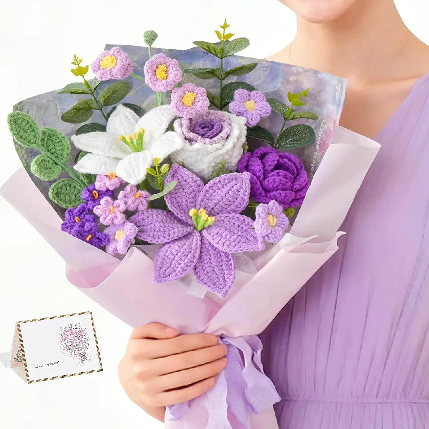 Serwalin Crochet Flower Bouquet, Purple Handmade Knitted Flowers, Liliy Roses Crochet Flowers for Mother's Day Graduation Lover Teacher Anniversary Birthday Gifts, for Girlfriend,Wife(Include Card)