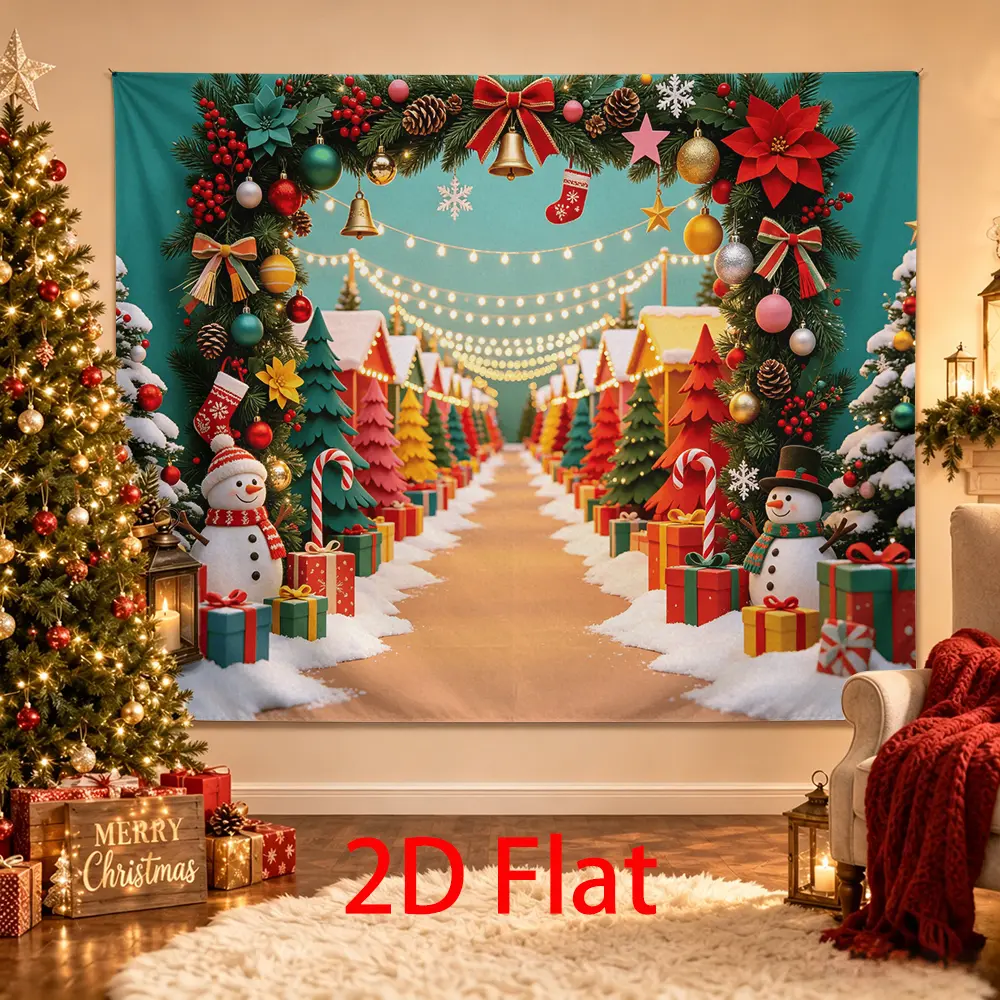 Colorful Christmas Village Backdrop, Snowman Holiday Photography Background with Candy Canes, Bright Trees, Gifts and String Lights