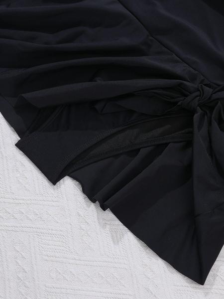 Women's 2 in 1 Criss Cross Ruched Knot One-Piece Swimsuit, Solid Color Sleeveless V Neck One-Piece Swimwear for Beach Holiday Vacation, Ladies Swimsuit for All Seasons