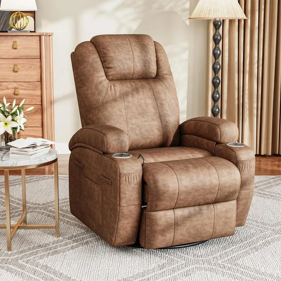 Leathaire Swivel Rocker Recliner Chair With Vibration Massage, 360° Swivel Recliner Adults, Ergonomic Lounge Chair With Cup Holders, Lazy Recliner Single Sofa