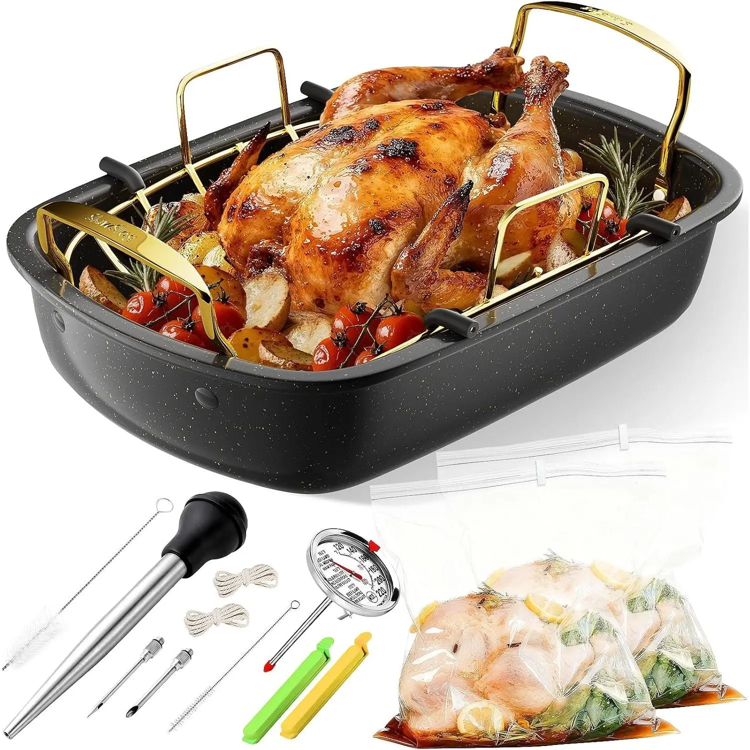 17x13 Inch Nonstick Turkey Roasting Pan with Removable Rack, Turkey Baster, Meat Thermometer, Turkey Brine Bags for Roasting Turkey Meat & Vegetables (Black&Gold)