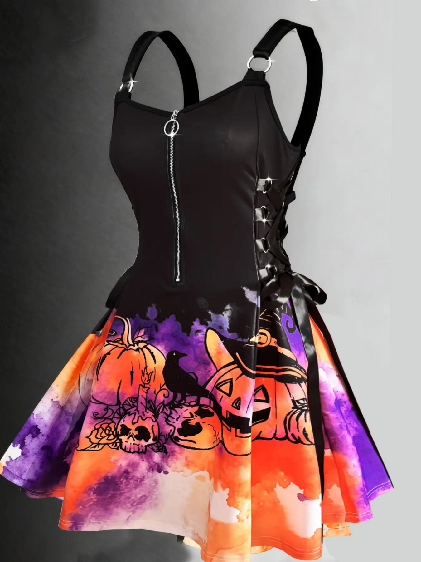 Halloween Pumpkin Face Print Dress, Slim Fit Tie Waist, Fashion Zipper Neck, Fun Party Dress, Dark Theme, Fall & Winter, Style