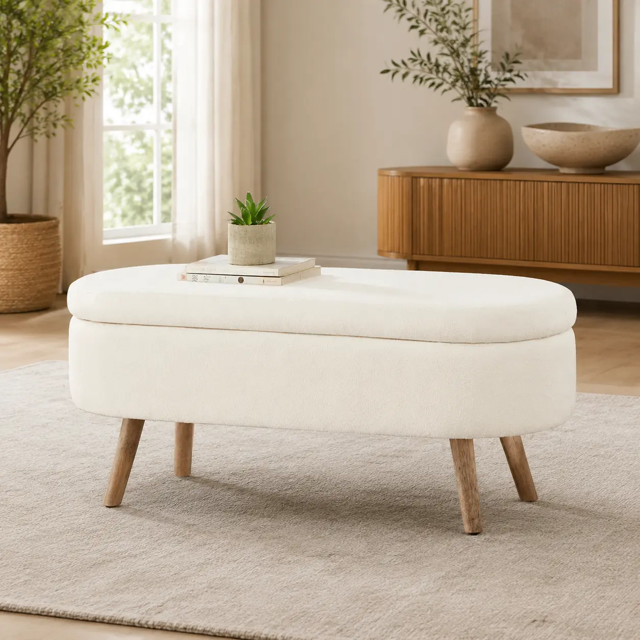 Littleox Luxury Oval Boucle Storage Ottoman Bench with Wood Legs 350lb Weight Capacity & Safety Hinge, for Living Room, Bedroom Entryway