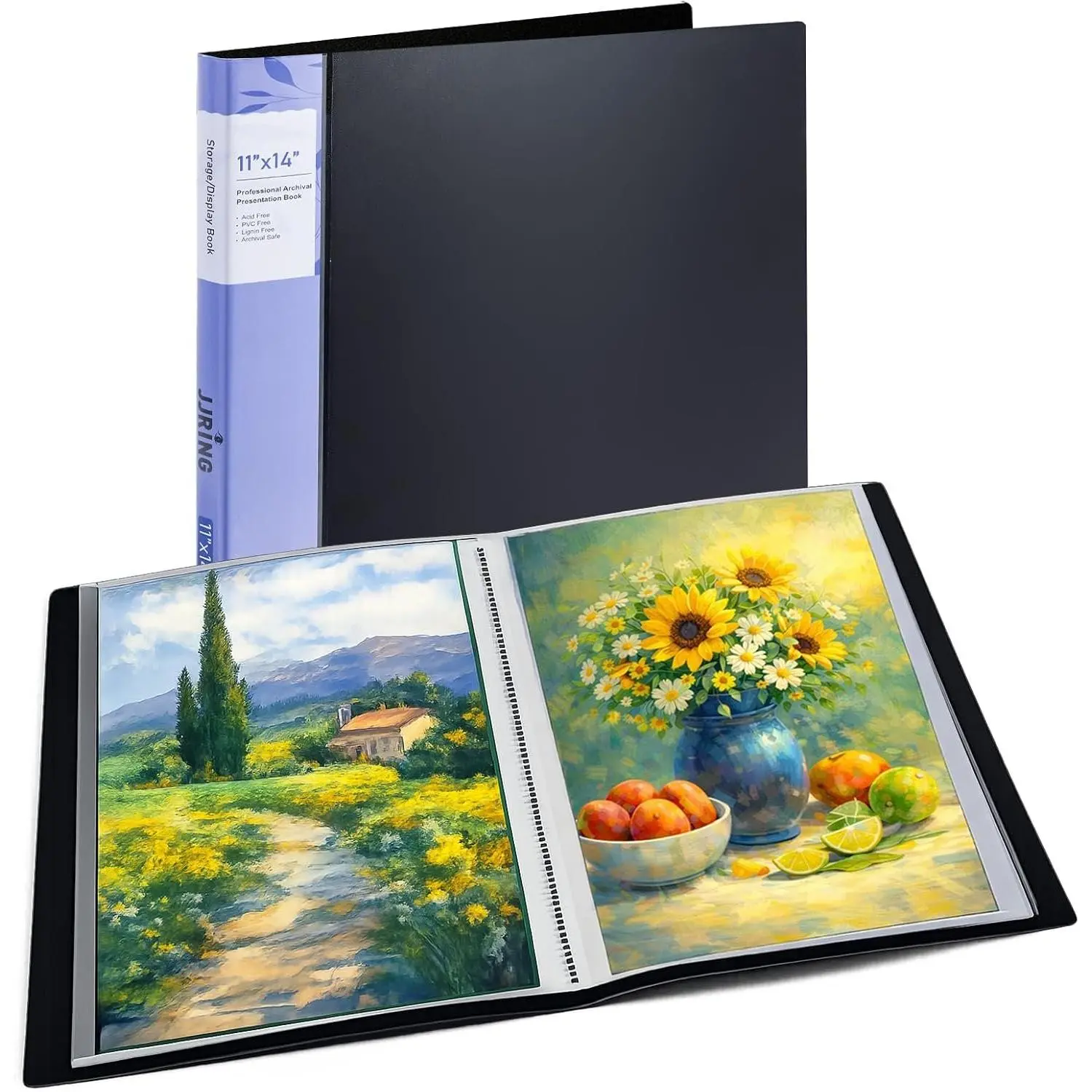 11x14 Black Art Portfolio Folder Displaying 48 Pages with Plastic Sleeves | 24-Pocket Presentation Book Binder For Artwork Storage Featuring Dark Inner Paper Inserts Protective Document Archival Holder