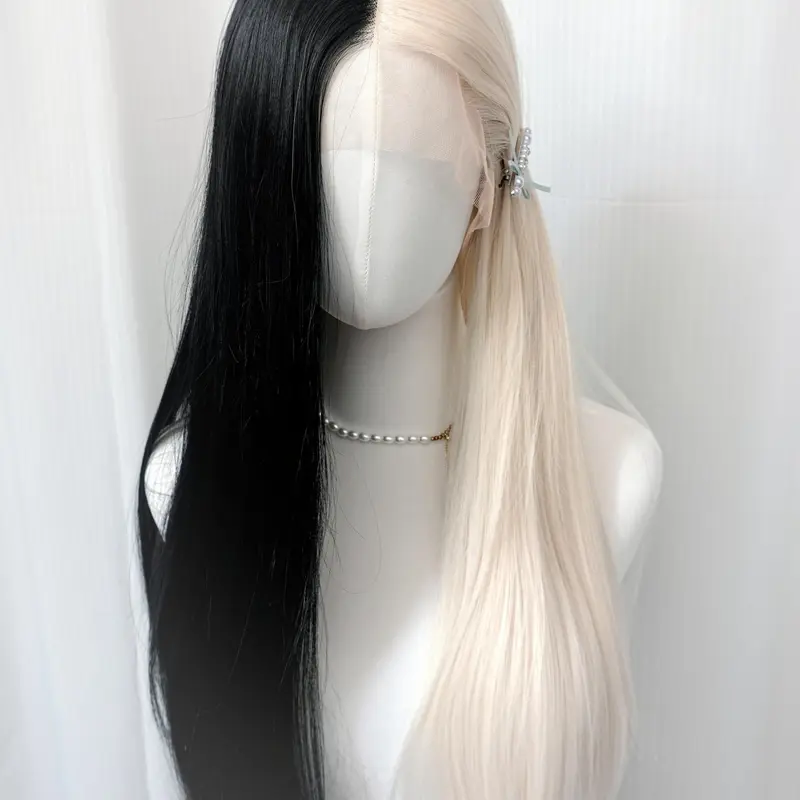 E-Girl Synthetic Straight Hair Lace Wig Artificial Wig Black and Platinum Split Wigs Cyberpunk Glueless Gothic Lolita Wigs Long Straight Wig for Cosplay