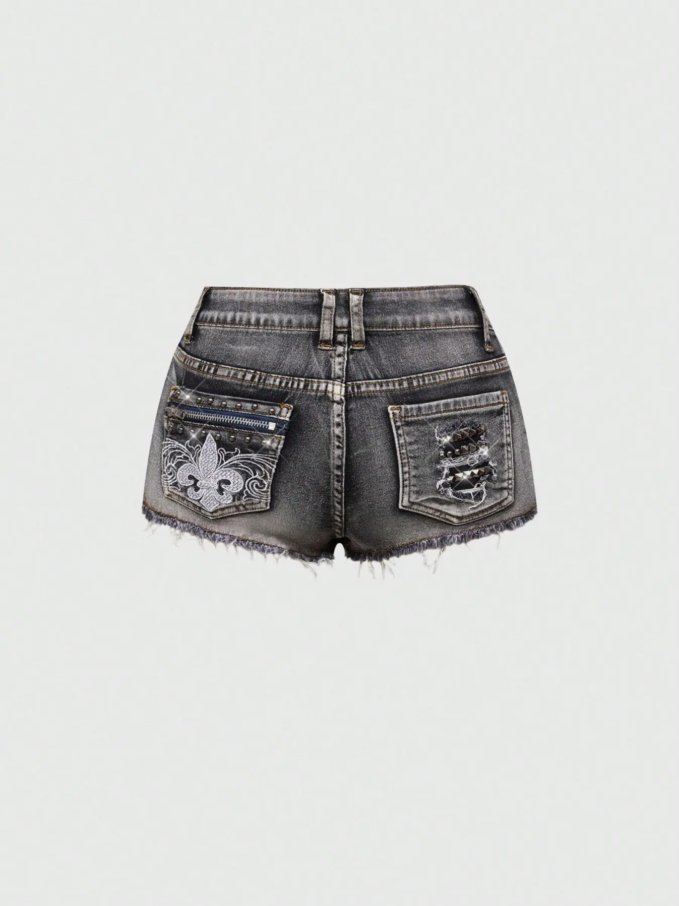 Y2K Women's High-Waisted Washed Denim Shorts, Floral Embroidery, Rivet Zipper, Punk Street Style, Sexy Slim-Fit