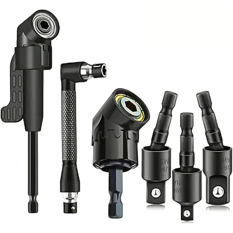 6pcs Right Angle Drill Attachment Set, Includes 3 360- Rotatable Socket Adapters, 2 Hex Shank Drill Adapters, 90- Bevel Drill Bits, Drill Tool Power Tool Accessories