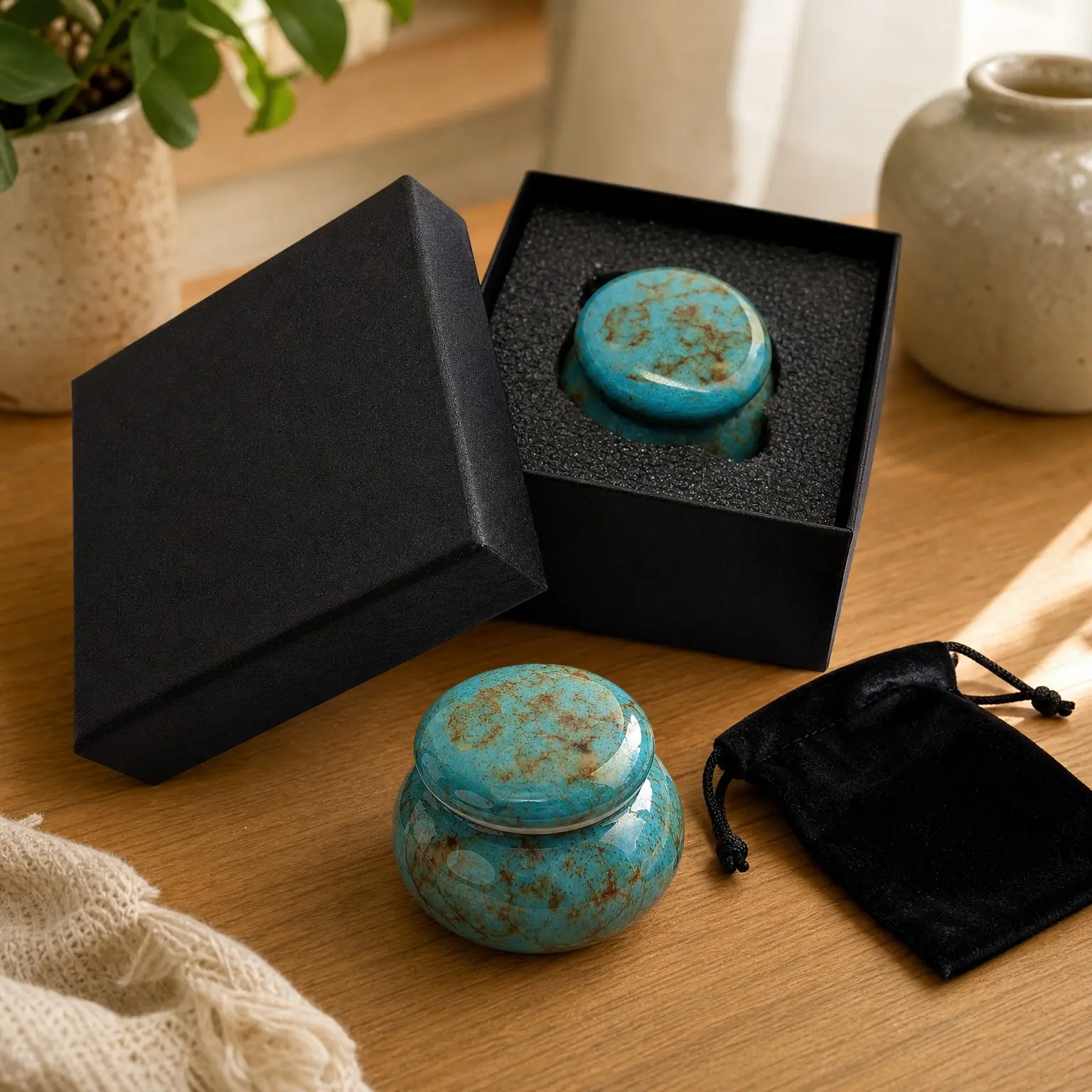 Small Ceramic Cremation Urn Keepsake for Human or Pet Ashes, Blue - 1.6" Mini Urn with Gift Box and Velvet Bag for Women, Men, Dog, CatGift