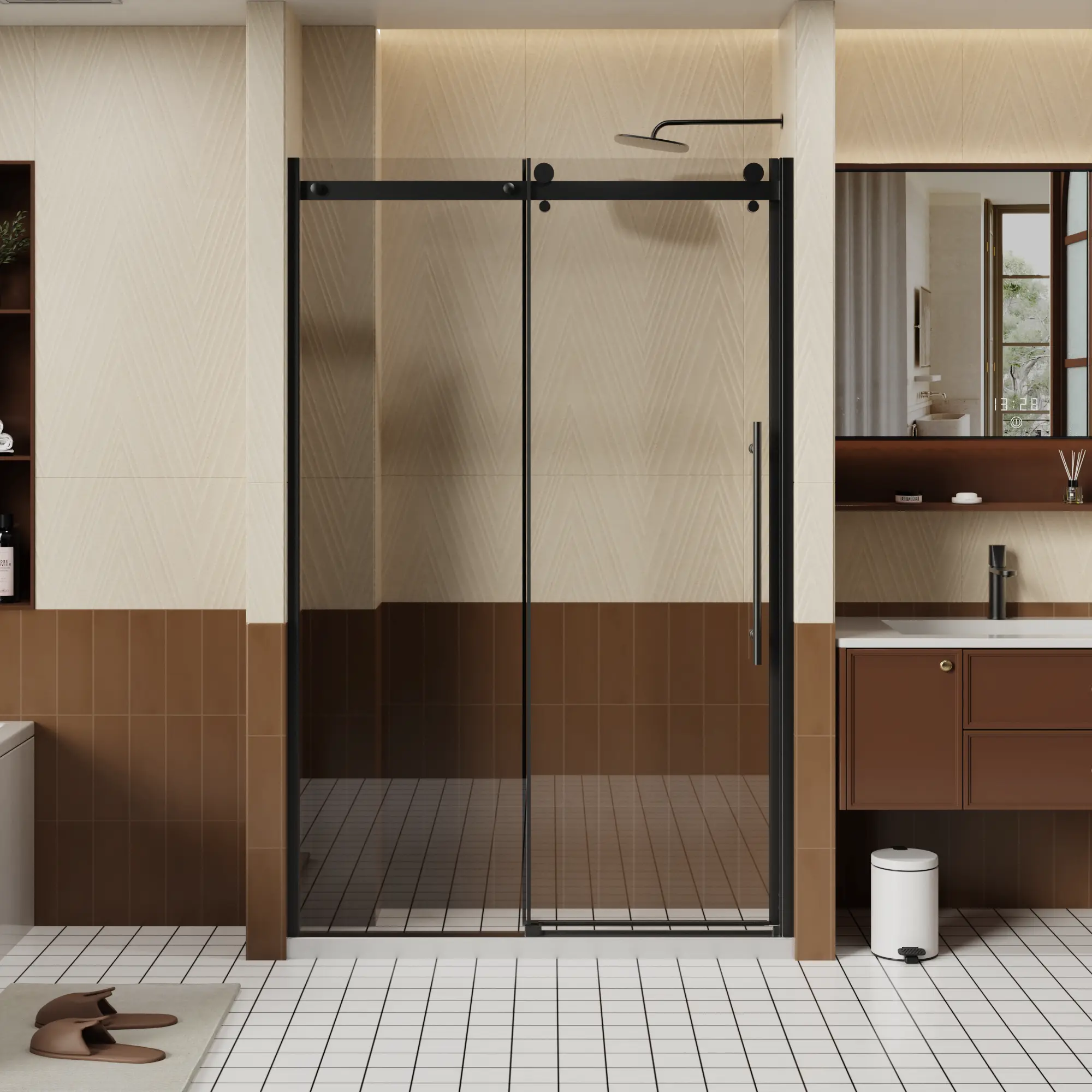 46.5-48"W x 72"H Frameless Single Sliding Shower Door, 1/4" Tempered Glass, Black with Stainless Handle