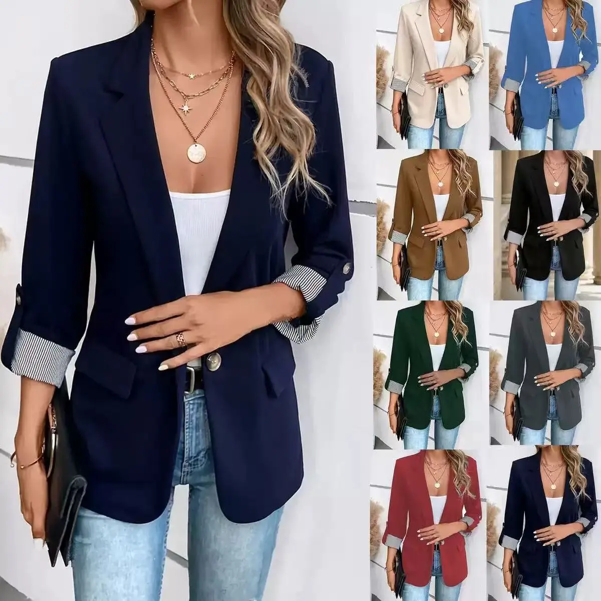 Women’s 3/4 Sleeve Blazer Jacket, Open Front Lapel Workwear Coat with Rolled Cuffs, Casual Office Business Layer for Spring, Fall and Daily Wear