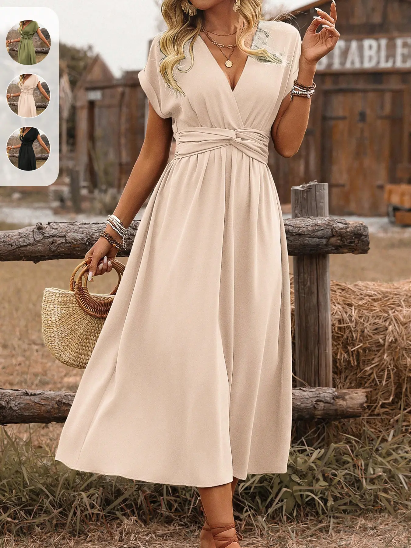 Women's Casual Vacation V-Neck Batwing Sleeve Shirred Waist Gathered Twist  Midi Dress, Comfortable and Stylish Summer, Perfect for Relaxing Days, Vneck