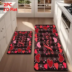 2/3 Piece Flannel Kitchen Mat Set, Plaid, Heart Design, Non-Slip, Absorbent, Home Decor