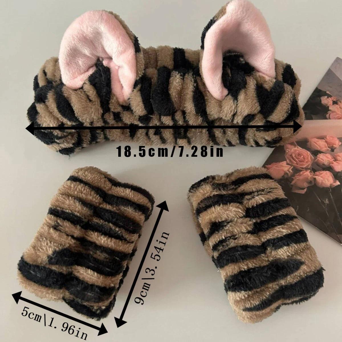 3 Pcs Cute Cat Ear Leopard Print Plush Headband For Women Girls Spa Washing Face and Makeup Headband Elastic Moisture Resistant Sleeves Wrist Strap