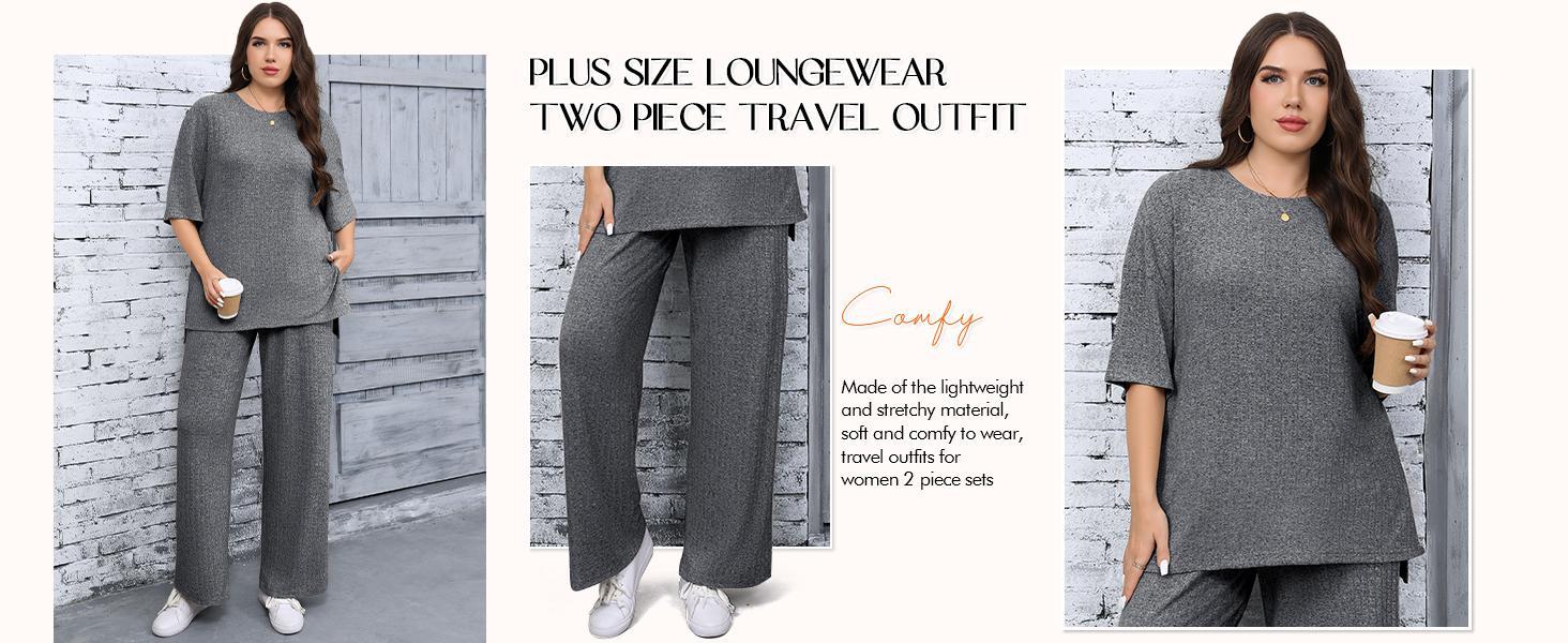 【1XL-5XL】Imily Bela Curve Womens Plus Size Lounge Sets Short Sleeve Tops and Wide Leg Pants Airport Travel 2 Piece Outfits Tracksuit