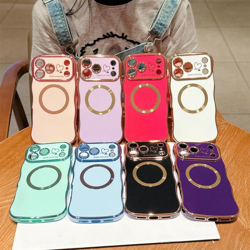 OREKROY Magnetic Case for iPhone 17 Pro Max 16/15/14/13/12 Pro Max,Work with Magsafe, Curly Wave Shape Plating Frame Cute Love Heart Cover, Full Camera Lens Protection Soft Durable TPU Shockproof Case