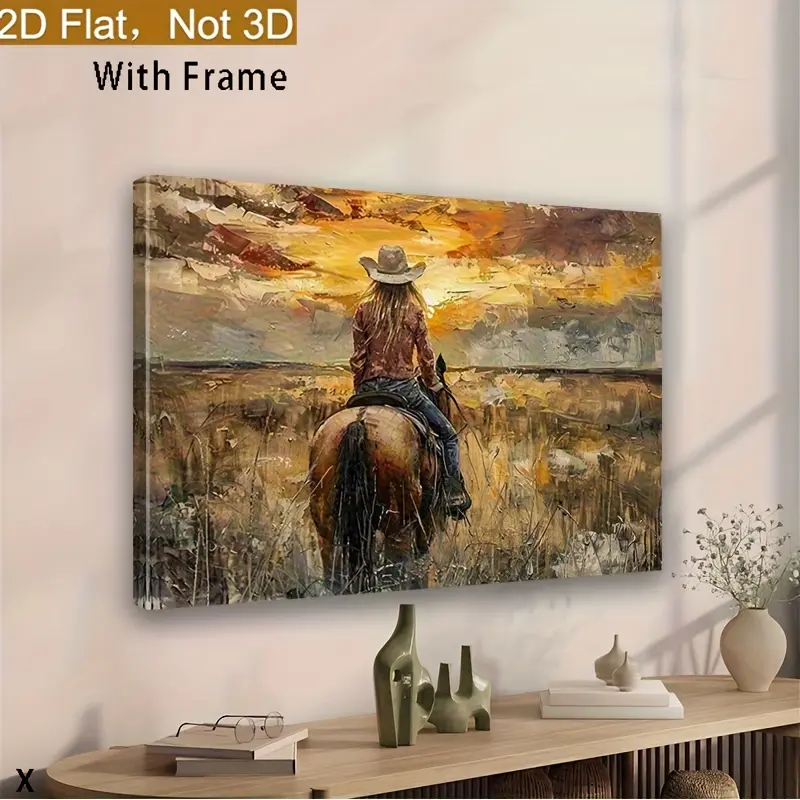2D flat framed 2D canvas, 1-piece gallery wrapped canvas depicting a cowboy riding a horse at sunset, high-quality canvas western landscape painting, modern classic wilderness western wall art, with rustic life decor for living room and home,