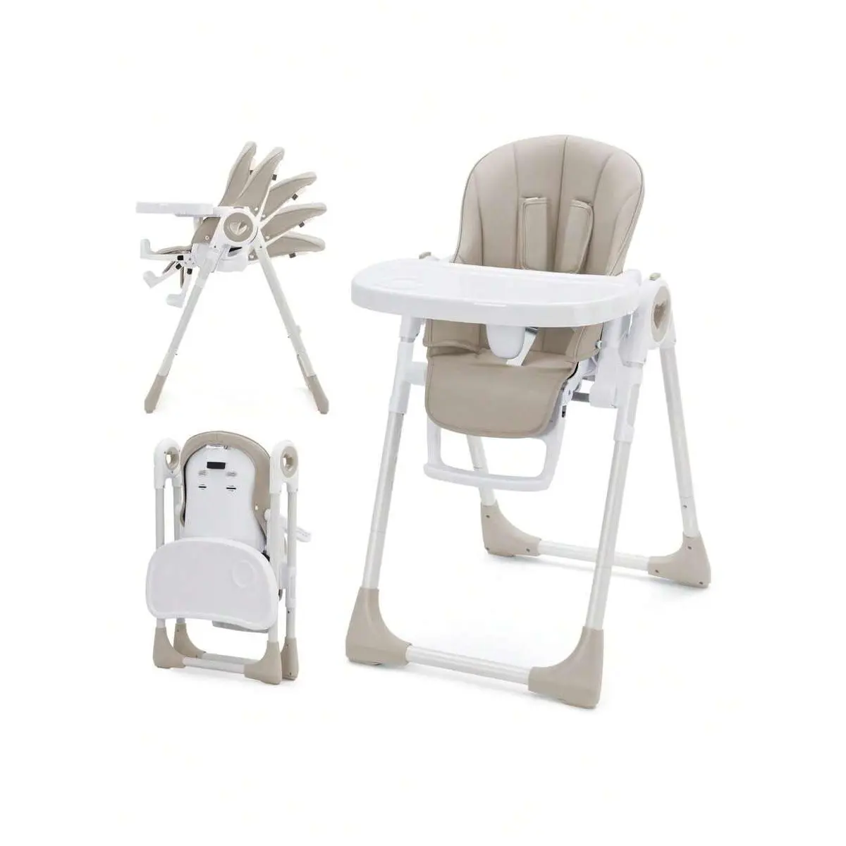 Baby High Chair - Foldable Booster Seat with Adjustable Height & 5 Recline Positions, Removable Double Tray, 5-Point Harness, Compact Infant Feeding Chair for 6-36 Months