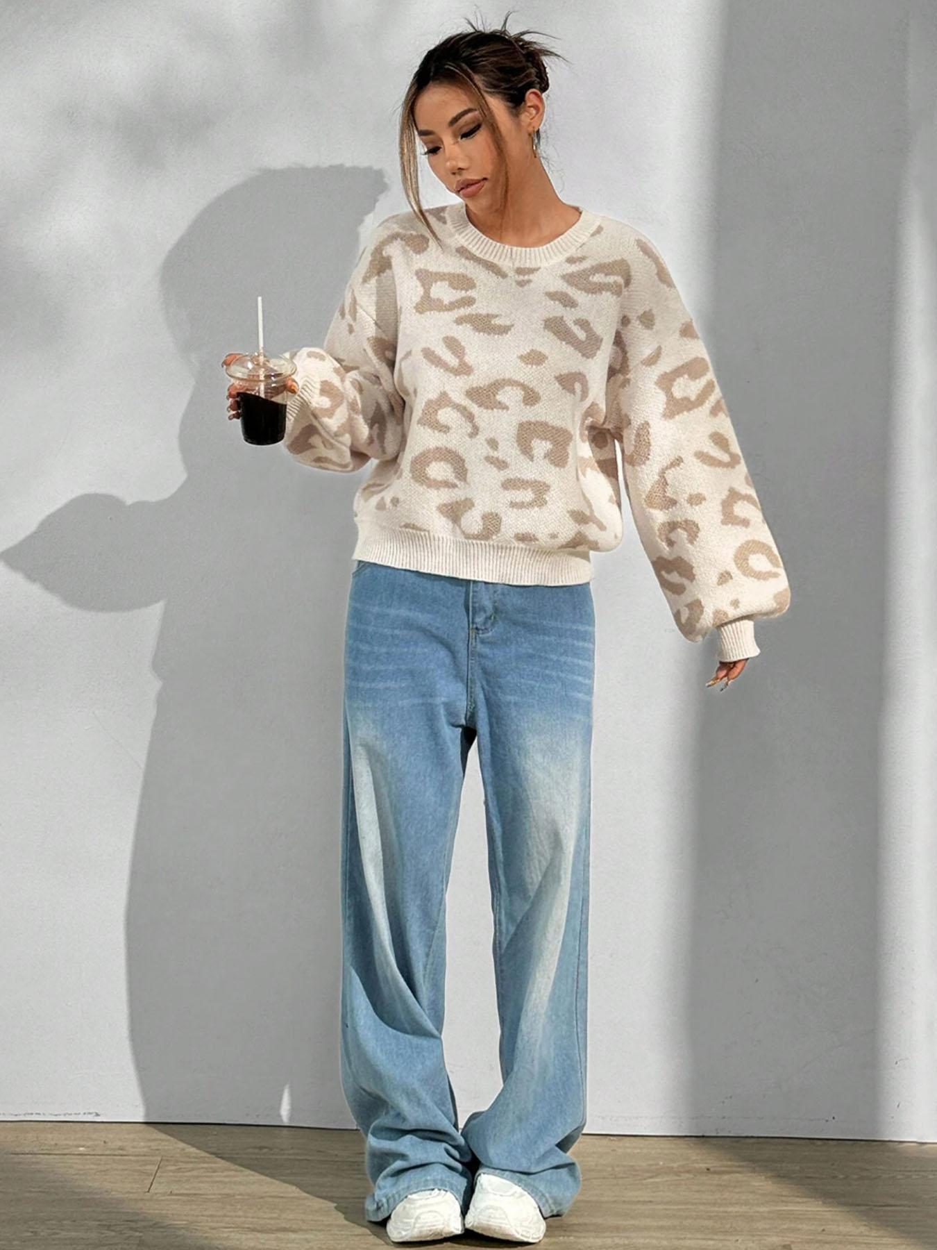 Women's Leopard Print Crew Neck Sweater, Casual Long Sleeve Jumper for Fall & Winter, Fashion Ladies' Knitwear Knitting for Daily Wear