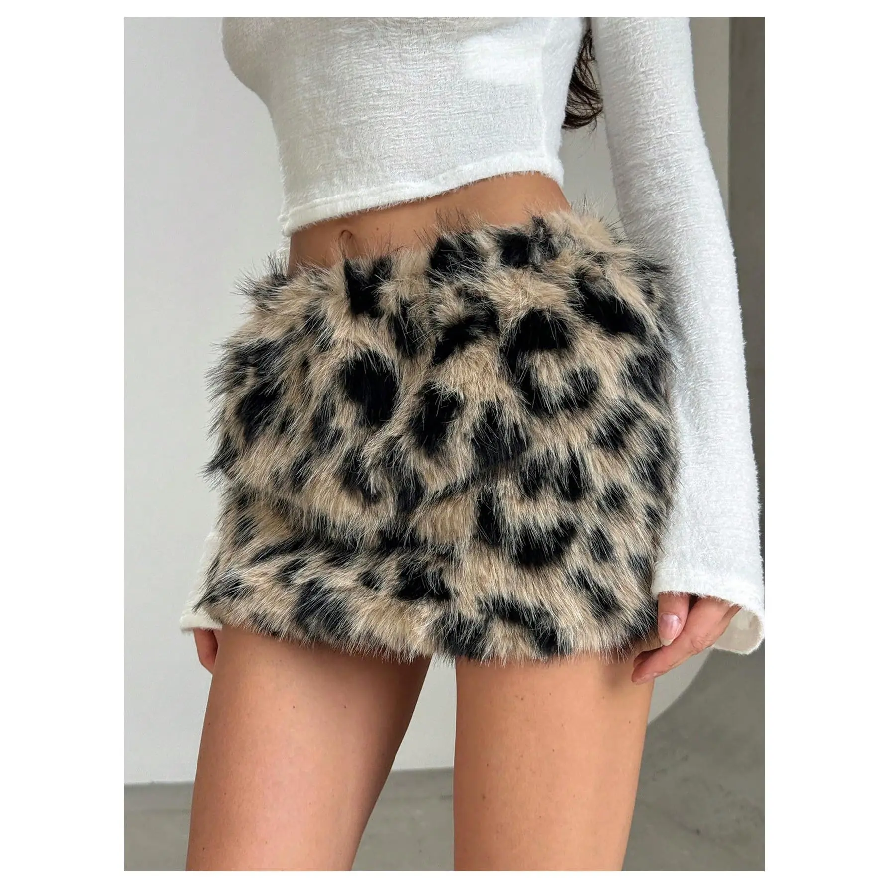 Women's Fuzzy Fur Cheetah Print Low-Rise Mini Skirt - Lady's Bottom for Summer Clubwear, Multicolor, Afternoon Tea Occasions, Hand Wash Only, Dry Clean, Low Waist, Short, Furry, Casual, Outfits, Short Cut, Street, Leopard, Soft