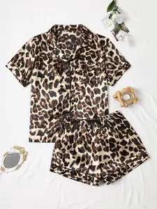 Women's Leopard Print Satin Pyjama Set, Casual Comfy Short Sleeve Pocket Shirt & Elastic Waist Shorts PJ Set, Ladies Summer Sleepwear Loungewear Pajamas