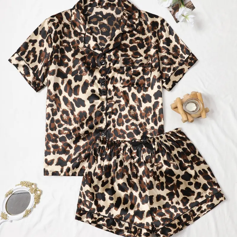 Women's Leopard Print Satin Pyjama Set, Casual Comfy Short Sleeve Pocket Shirt & Elastic Waist Shorts PJ Set, Ladies Summer Nightwear Outfit Sleepwear Loungewear Pyjamas Set Pajamas