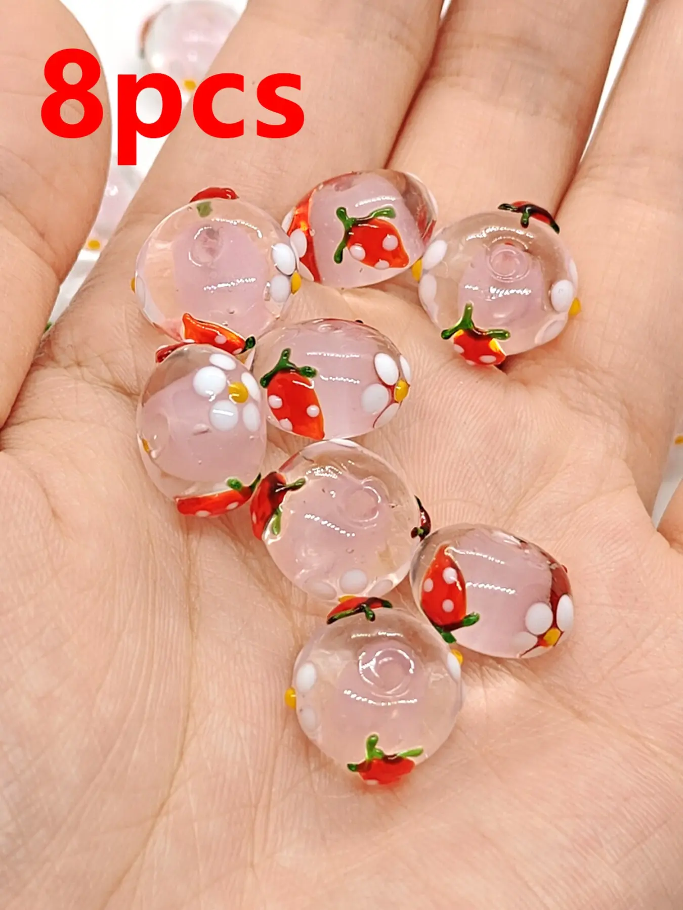 8pcs Strawberry Daisy Glass Beads, Cute Farmhouse Style, DIY Jewelry Making, Handmade Bead Accessories, All Seasons