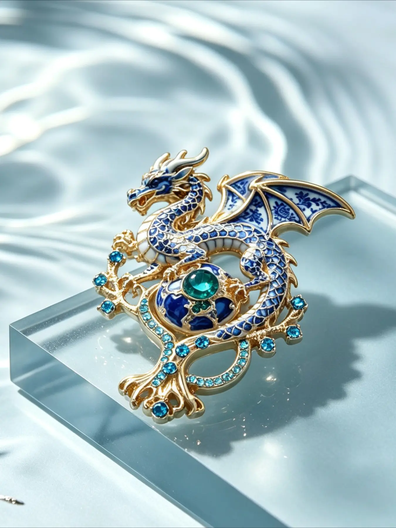 Vintage Blue White Porcelain Chinese Dragon Brooch,Rhinestone Mythical Flying Dragon Fashion Lapel Pin, Oriental Floral Badge for Coat Scarf Jewelry Gift