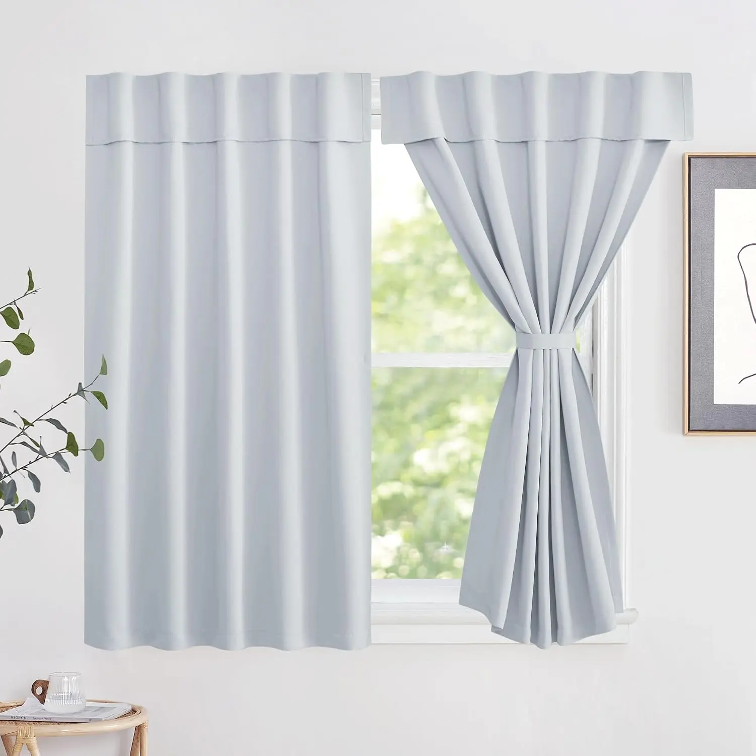 Short Blackout  Thermal Curtain Greyish White 52" W x 63" L, No Drill Self-Adhesive Portable Window Cover with Tiebacks for Bedroom, Living Room & Rental Apartment, 1 Panel