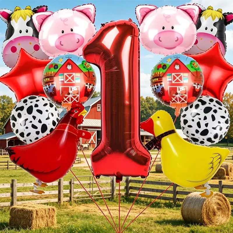 15 Piece Farm Animal Birthday Balloons Set, Balloon Decorations, Balloon Party Supplies, Numbers, Pig Head, Cow Head, Star Al Foil, For birthday parties, farm/ranch events, home, and kindergarten activities