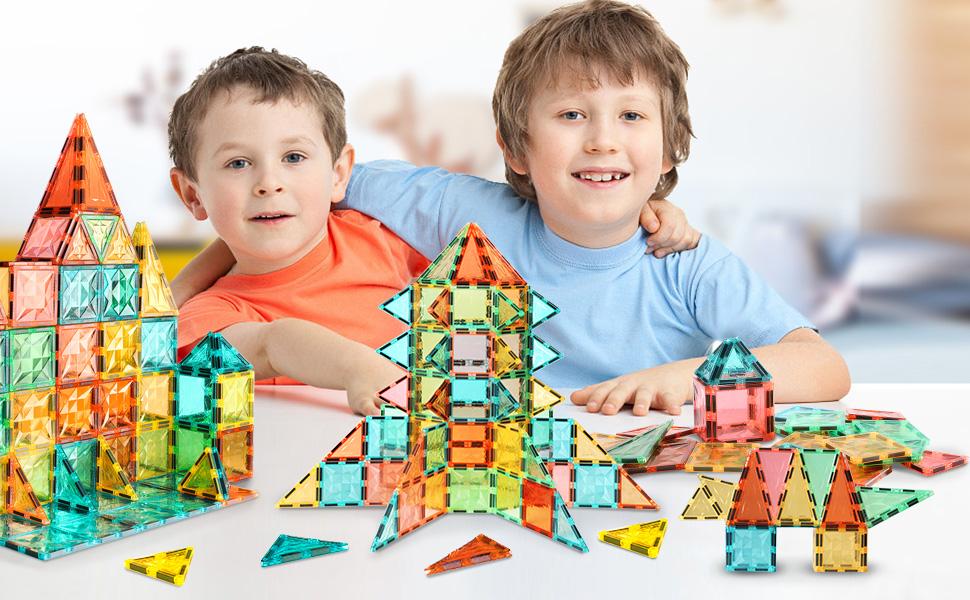 YRZtiles 100 Pcs Magnetic Tiles,Magnet Building Blocks Construction Stacking Educational Preschool STEM Toy Creative Playboard for Kids Baby Child Ages 3+