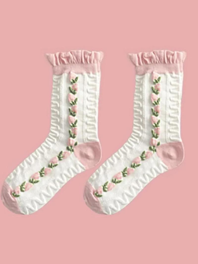 Women's 5 Pairs Elegant Style Floral Detail Frill Trim Crew Socks, Womenswear Fashion Casual Chic Comfort Socks for Daily Outdoor Wear, Lady Socks for All Seasons