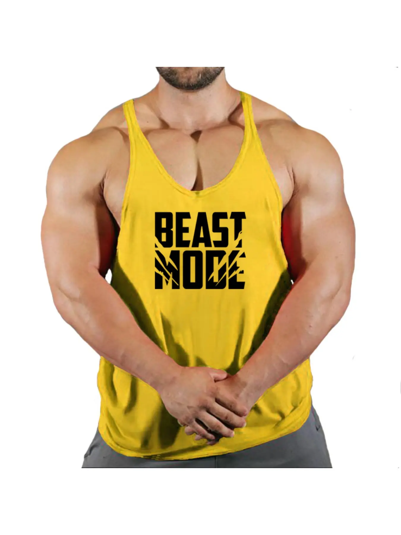 Men's Beast Mode Print Stringer Tank Top Breathable Bodybuilding Workout Sleeveless Gym Fitness Vest Muscle Singlet