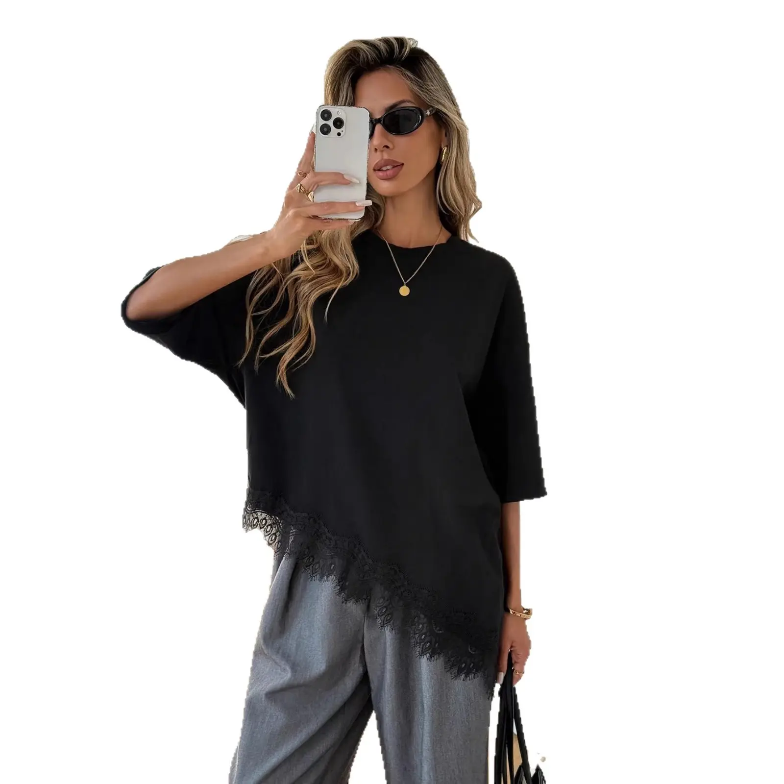 Women's Asymmetrical Hem Lace Trim T-Shirt Casual Short Sleeve Drop Shoulder Loose Tunic Top Elegant Chic Summer Tee 2026