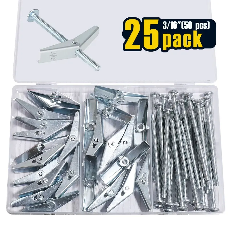25 Pack 3/16 Inch Heavy Duty Drywall Anchors and Screws,Toggle Bolts and Wing Nuts Set, Hollow Drywall Anchors Bolts Screws