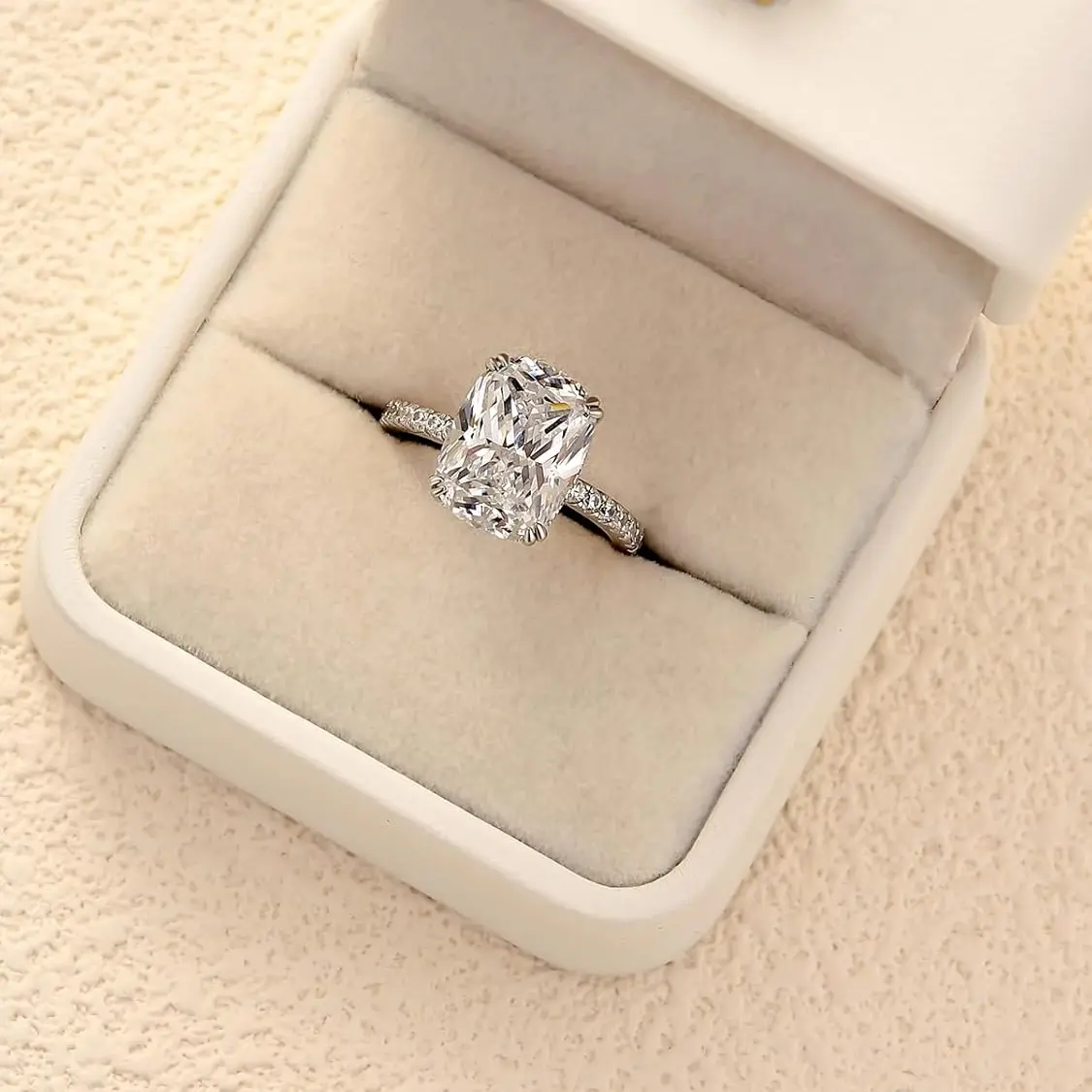 S925 Sterling Silver Engagement Ring for Women, 4.0ct Crushed Ice Elongated Cushion Cut Center Stone, Hypoallergenic Minimalist Slim Band with Anti-Tarnish Coat