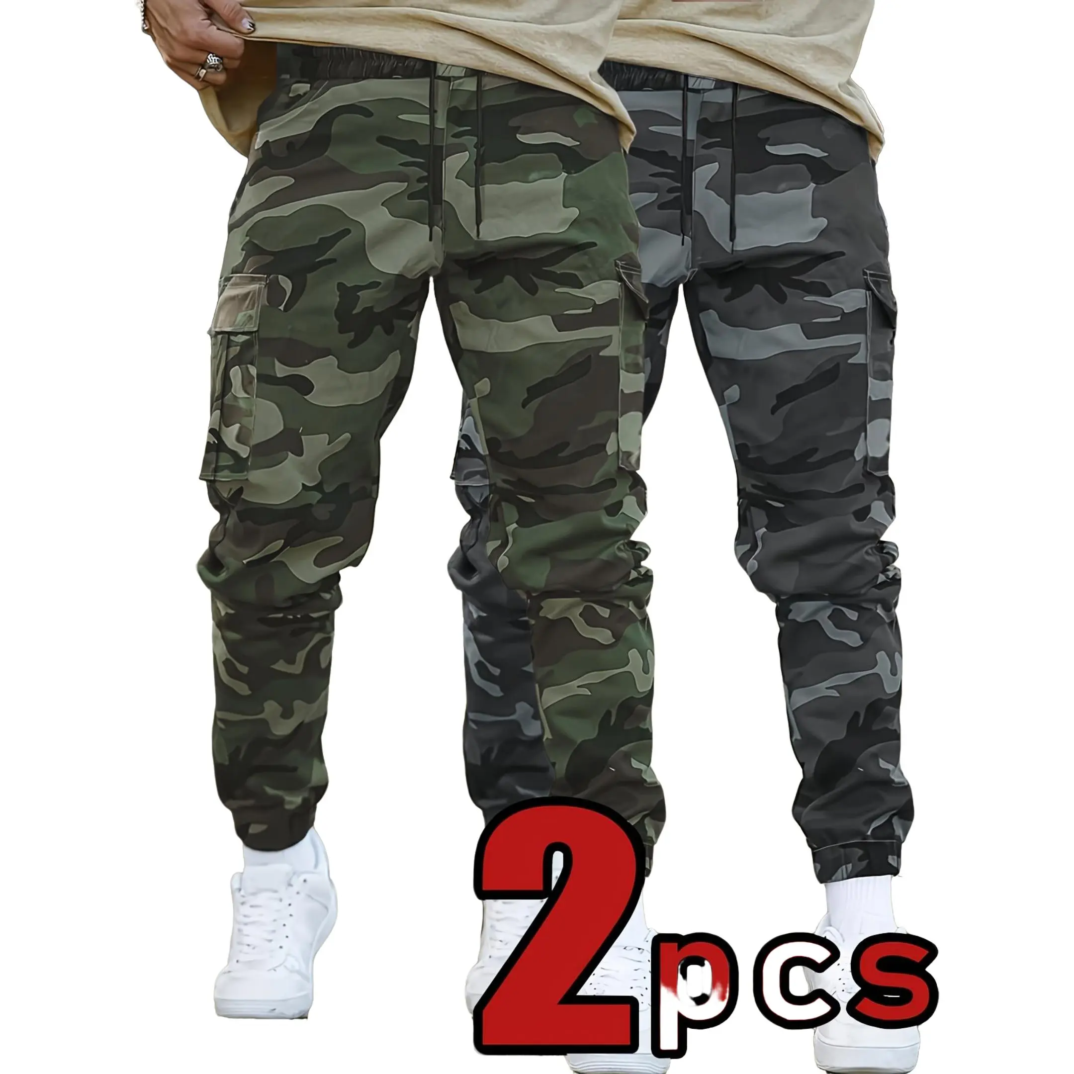 2-pack multi pocket casual sports pants Men's camouflage workwear pants Elastic waist drawstring outdoor workwear pants Multi colored camouflage loose fit slimming leggings Large size outdoor commuting work pants
