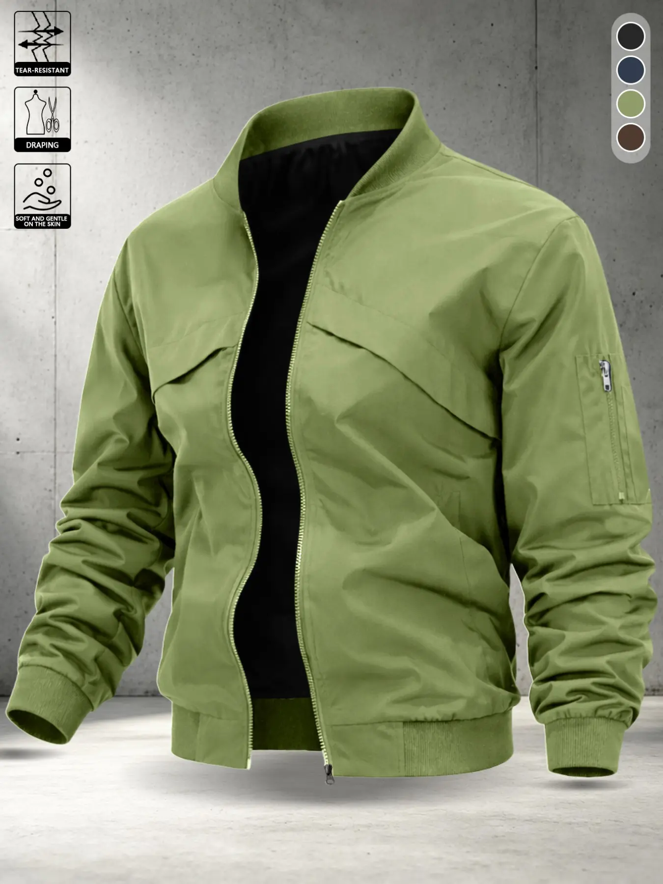 Men's Classic Baseball Collar Pilot Zipper Jacket, Vintage Basic Multi-Color Hooded Outerwear, Loose-Fit Long Sleeve Flying Jacket