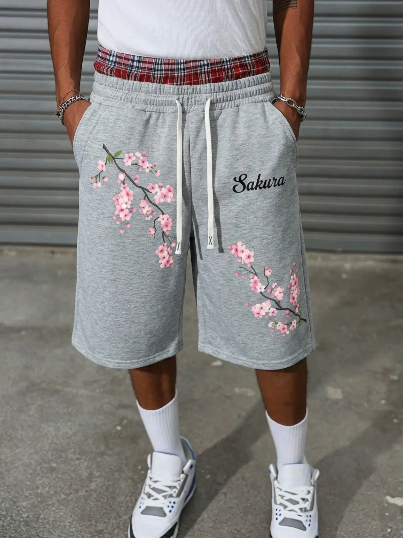 Men's Short Pants, Plum Blossom English Print Street Style, Daily Wear, All Season, Breathable Cotton, Loose Fit, Sport Shorts