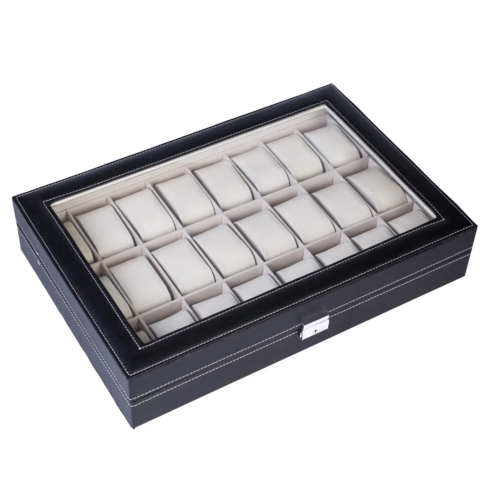 Black Leather Watch Storage Organizer - 24-Compartment Top-Opening Home Organizer Box, Durable Portable Space-Saving for Accessories, Collecting, Easy Access Camping Essentials, Watch Accessories, Compartmentalized