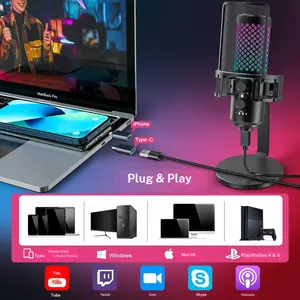 ZealSound Wired RGB USB Microphone Audio Device with Full Metal Body, Mute, Pop Filter, Gain, Volume Control for Mobile (iPhone, iPad), PC, Podcasting, Streaming