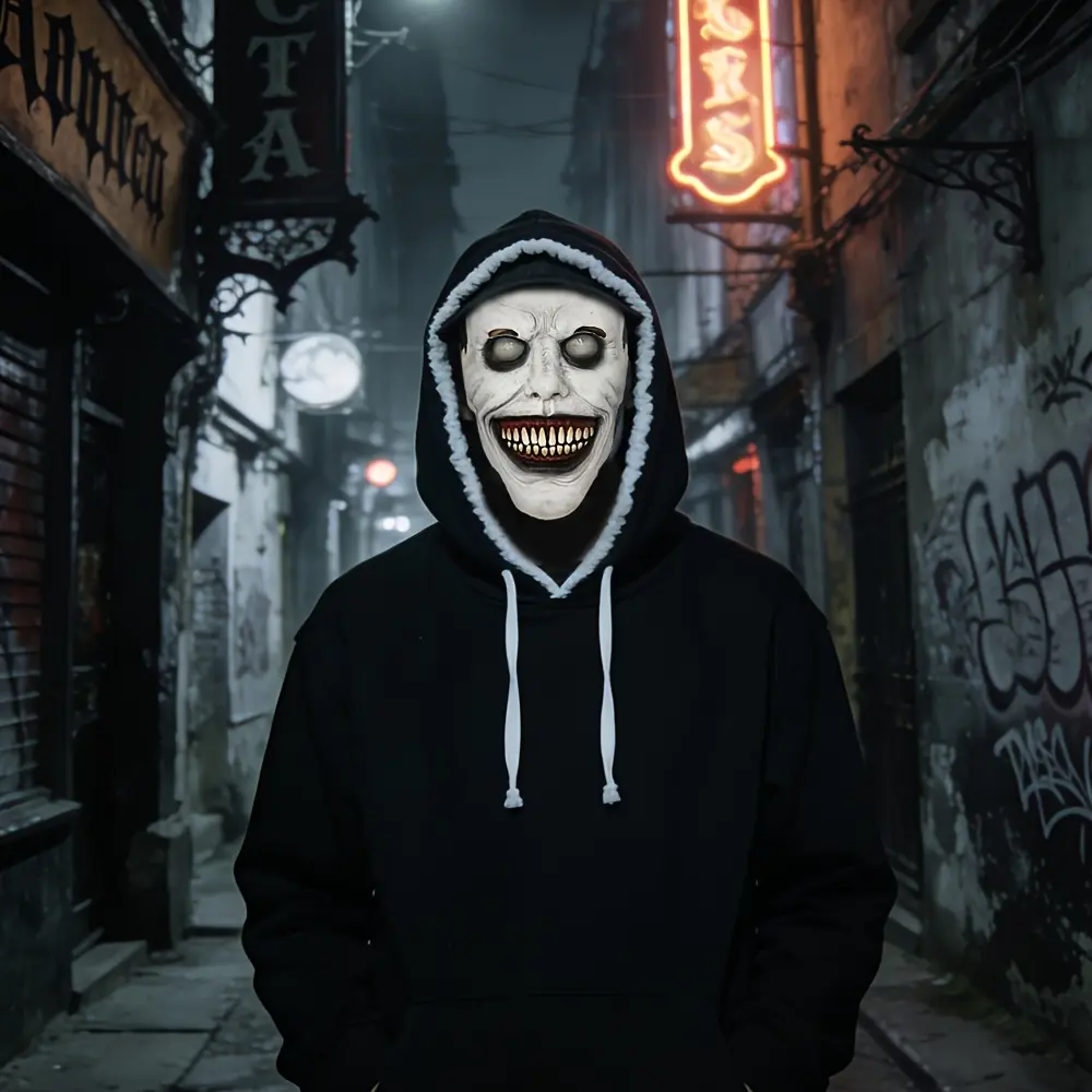 Horror Smile White Face Hooded Mask-Horror Costume Accessories, Breathable Microfiber Hooded Mask, Suitable for Halloween Parties, Theme Activities and Role-playing, Hand-washable or Dry-cleaned