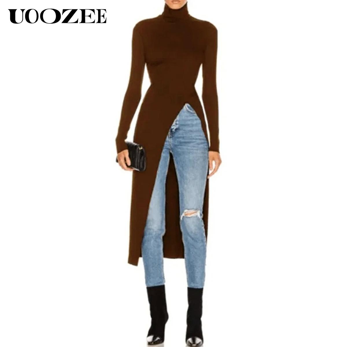 UOOZEE Women's simple tight solid color split high collar long sleeve knitted top, elegant casual, with a strong sense of design, elastic and comfortable fabric, suitable for daily leisure and commuting fall clothing women office outfits