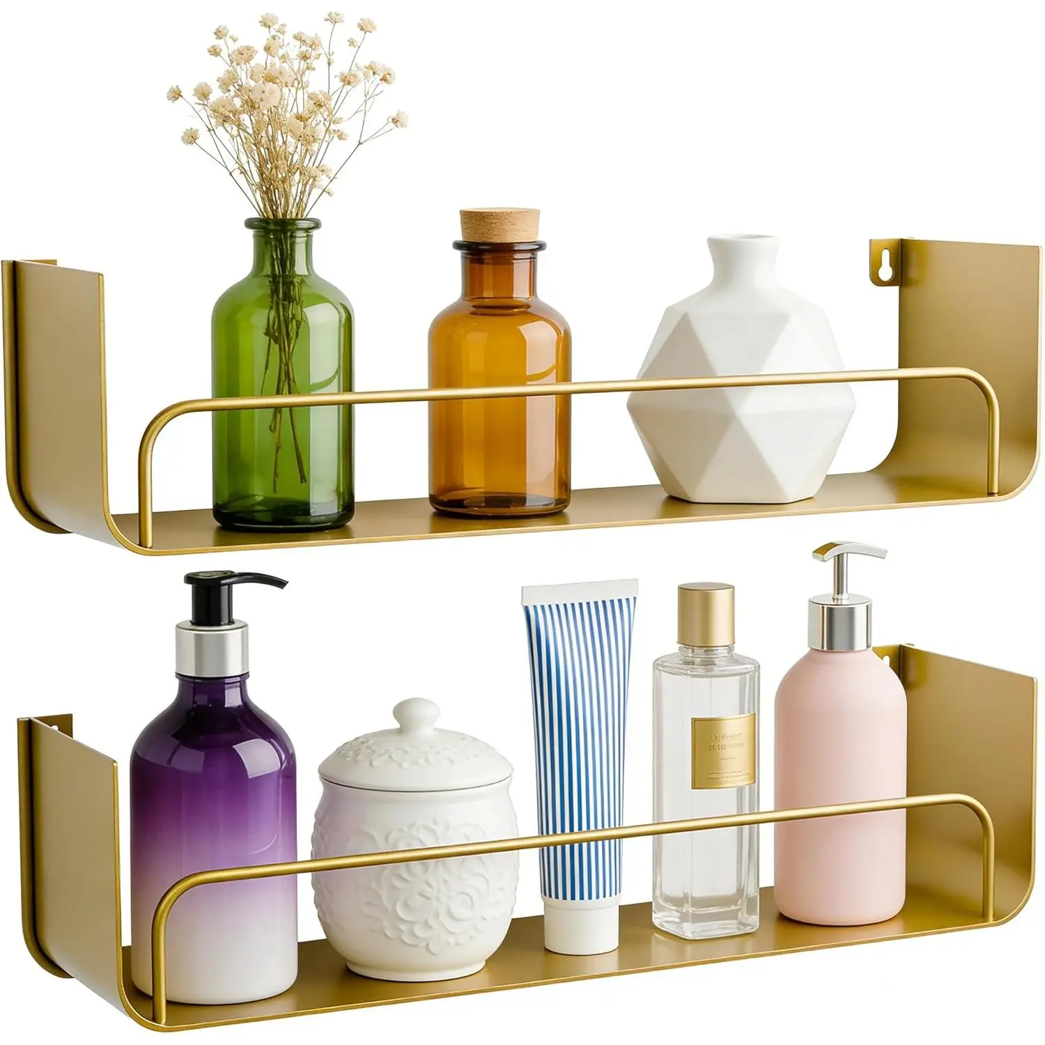 2 Pack Gold Shower Caddy, Metal Floating Gold Bathroom Shelf with Guardrail, U-Shaped Wall Mounted Shelves for Kitchen, Living Room, Bedroom, Home Storage and Organizer, Two Piece Set, Floating Shelves