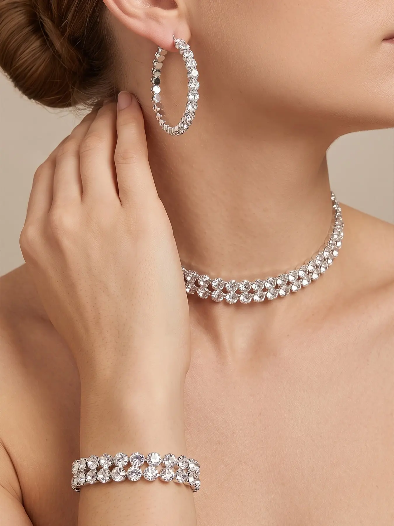3Pcs Silver Luxury Rhinestone Fashion Jewelry Set for Women, Double Row Tennis Choker Necklace Stacked Bracelet Inside Out Large Hoop Earrings, Wedding Bridal Prom Y2K Baddie Accessories