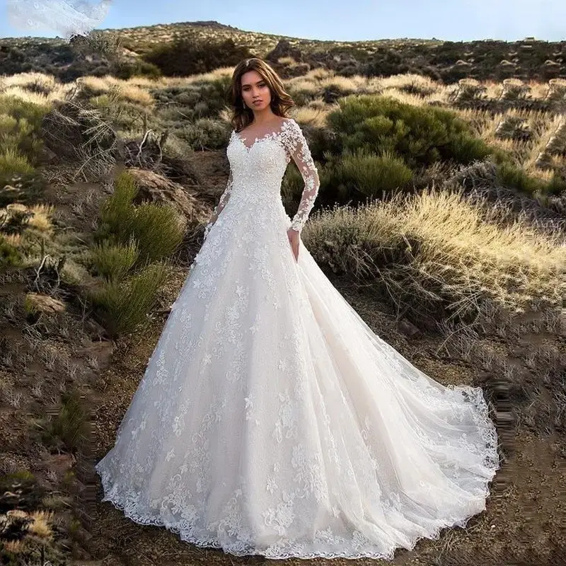Long Sleeve Solid Color Sheer Lace Bridal Wedding Dress Womenswear Chic