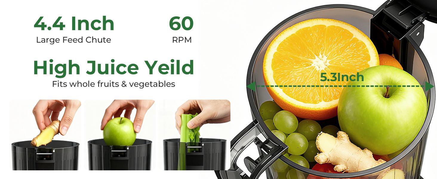 Kismile Cold Press Juicer Machine 4.4" Wide Feed Chute Slow Masticating Juicer for Whole Vegetables & Fruits High Juice Yield Easy to Assemble Clean One-touch Digital Color Control Panel