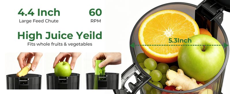 Kismile Cold Press Juicer Machine 4.4" Wide Feed Chute Slow Masticating Juicer for Whole Vegetables & Fruits High Juice Yield Easy to Assemble Clean One-touch Digital Color Control Panel