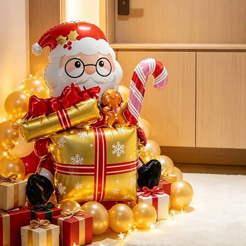 Santa Claus Gift Box Foil Balloon, Christmas Polyester Film Balloon, Winter Party Home Indoor Outdoor Decorations